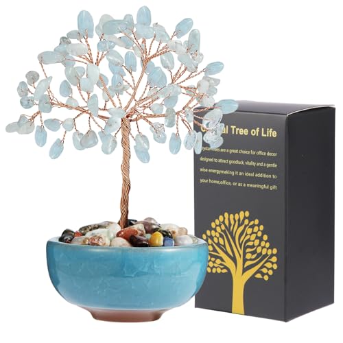Aquamarine Crystal Tree with Ceramic Base,Natural Gemstone Feng Shui Money Tree for Wealth,Good Luck & Positive Energy,Handmade 5 Inch Healing Abundance Bonsai for Home Office Decor - color: Aquamarine Vase Tree-2