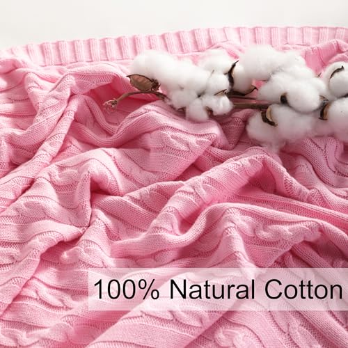 NTBAY 100% Pure Cotton Cable Knit Throw Blanket, Super Soft Warm 51x67 Knitted Throw Blanket for Couch, Sofa, Chair, Bed - Extra Cozy, Machine Washable, Comfortable Home Decor, Pink - color: Pink, size: Throw(51"x67")