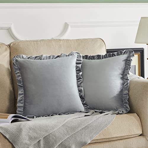 GIGIZAZA Grey 18x18 Luxury Pillow Covers, Set of 2 Decorative Velvet Ruffle Cushion Pillow Covers for Sofa Couch - color: Grey, size: 18" x 18" (Pack of 2)