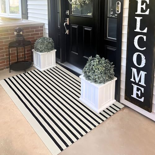 KILOCOCO Beige Striped Rug 3x5 Indoor Outdoor Rugs Front Door Rugs Hand Woven Cotton Washable Striped Layered Doormats for Front Porch/Kitchen/Farmhouse/Entryway/Patio - color: Light Beige and Black Stripe, size: 3' x 5' (Rectangular)
