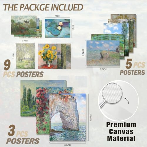 KBKBART 17 PCS Claude Monet Eclectic Wall Art Collage, Vintage Prints for Wall Decor, Canvas Impressionist Gallery Painting, Monet The Cliffs at Etretat Posters for Living Room Aesthetic, Rustic Collage Kit, Dorm Home Decor, Unframed - color: Monet Impres