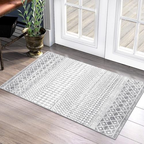 Moroccan Washable Rugs, 2x3 Ivory Gray Rug Non-Slip Small Distressed Entryway Rugs, Soft Low-Pile Bedroom Rug Indoor Doormat Carpet for Entryway Kitchen Bathroom - color: Ivory / Gray, size: 2' x 3' (Rectangular)