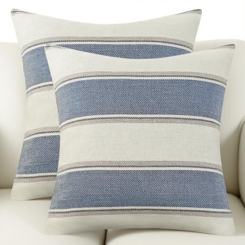 AmHoo Pack of 2 Farmhouse Linen Throw Pillow Cover Cushion Stripe Decoration Buffalo Retro Pillowcase with Hidden Zipper for Sofa Bedroom Car 22 x 22 Inch Blue - color: Blue, size: 22" x 22" (Pack of 2)
