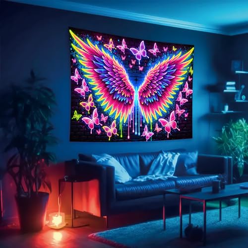 Starlit Patio Blacklight Angel Wings Tapestry UV Reactive Glow in The Dark Butterflies Wall Hanging Trippy Fluorescent Neon Art Poster for Bedroom Living Room Dorm Aesthetic Decor 78 x 59 Inches - color: Angel Wings