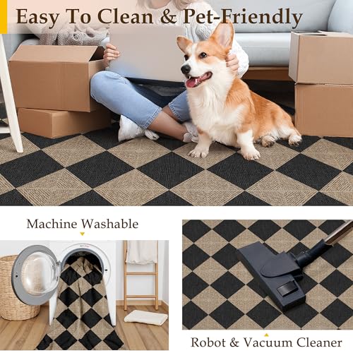 PureCozy 2x3 Checkered Easy Jute Kitchen Front Doormat Non Slip Washable Neutral Area Rug Textured Diamond Non Shedding Low Pile Black Checkerboard Floor Carpet for Farmhouse Entryway Porch Doorway - color: Black Textured|checkerboard-1, size: 2' x 3' (Re