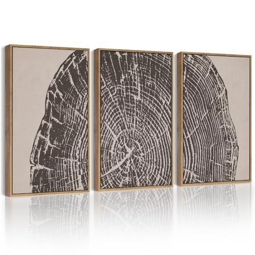 PHOPAGO Farmhouse Vintage Framed Wall Art Set Gray Wood Tree Ring Spirals Nature Abstract Drawings Rustic Modern Art Decor for Living Room Bedroom - 11x14in Natural Framed - color: Oak Tree Ring, size: 11" x 14" x 3 Pcs Natural