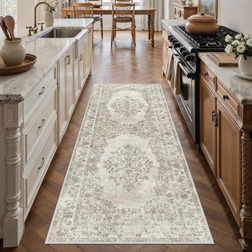 PureCozy 2x6 Runner Rug Beige Washable Hallway Kitchen Bedroom Vintage Distressed Bathroom Non Slip Medallion Floral Carpet Indoor Retro Throw Floor Mat for Office Dining Laundry Living Room - color: Vintage Beige/Cream, size: 2' x 6' (Runner)