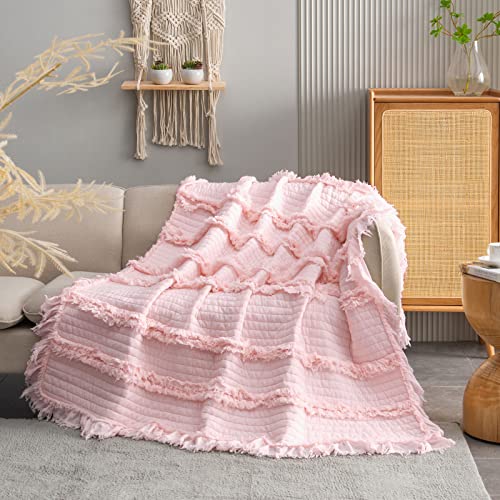 Ultra Soft Pre-Washed Quilted Throw Blanket, Ruffle Fringed Pink Boho Decorative Throw, Stone Washed Chic Rustic Blanket for Sofa Couch Bed Chair, 50"x 60" - color: Baby Pink, size: 50"x60"