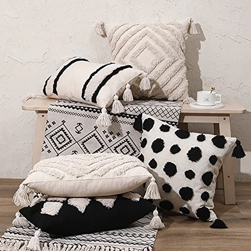 vctops Boho Tufted Decorative Lumbar Throw Pillow Cover with Tassels Cotton Geometric Diamond Cushion Cover for Couch Sofa Bed (Beige,12"x20") - color: Beige, size: 20" x 12" (Pack of 1)