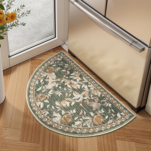 jinchan Eden Botanical Vintage Washable Small Area Rug, 2x3 Half Circle Floral Entryway Rug, Low Pile Soft Non Slip Doormat Dirt Trapping Carpet for Entrance Kitchen Bathroom Vanity, Green - color: Eden Green, size: 1'9" x 3' (Semicircular)