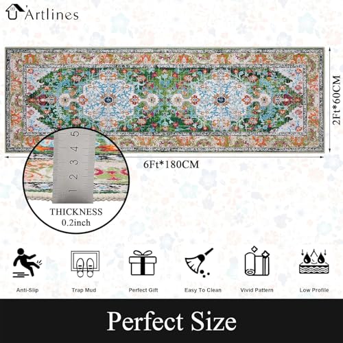 U'Artlines 2' x 6' Boho Hallway Runner Rug, Non Slip Washable Vintage Farmhouse Kitchen Rug Accent Area Carpet for Entryway Laundry and Living Room (Green) - color: Green, size: 2' x 6' (Runner)