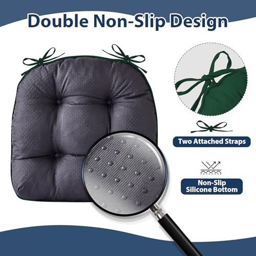 IASEAHK Chair Cushions for Dining Chairs, Seat Cushions for Kitchen Chairs, Indoor Seat Cushions with Ties, Tufted Foam Chair Pads, Non Slip Chair Cushions Set of 4, 15.5" x 15.5" x 4", Dark Green - color: Dark Green, size: Pack of 4