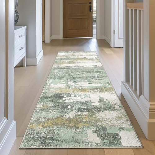 BEIMO Runner Rug for Hallway Kitchen, 2x12 Machine Washable Runners Rug for Entryway, Soft Modern Abstract Throw Rugs, Low Pile Floor Cover with Non Slip Backing, Light Green - color: Light Green/Cream, size: 2' x 12' (Rectangular)