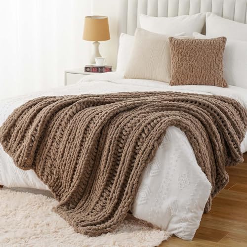 Battilo Chunky Knit Throw Blanket for Couch, Hand Made Chenille Throw Blanket, Super Soft Warm Cozy Taupe Blanket for Bed, Sofa, Living Room, 50"x60" - color: Taupe