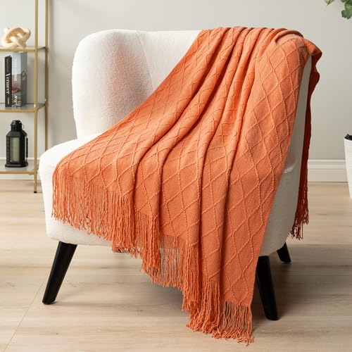 PAVILIA Coral Orange Knit Throw Blanket for Couch Bed, Soft Knitted Farmhouse Sofa Throw for Living Room, Lightweight Decorative Fall Throw Blanket for Chair, Outdoor Textured Boho Blanket, 50x60 - color: Coral Orange, size: 50 X 60 Inches - Throw