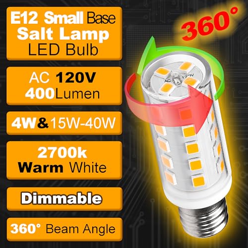 Dimmable E12 LED Bulb Himalayan Salt Lamp 4W, Equivalent 15W 40W, 400lm 2700K Warm White AC120V S6 C7 E12 Candelabra Base for Night Light Chandeliers Christmas Light Candle Lamp Dryer Bulbs, 4 Pack - color: 2700k Warm White, size: 4 Watt-Dimmable-4 Pack