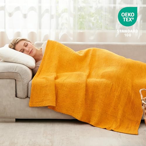 EMME Cotton Throw Blanket for Couch Mustard Yellow Soft Muslin Blankets 50"x60" Lightweight Breathable - color: 15 - Mustard Yellow, size: Throw (50" x 60")