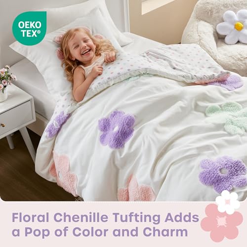 Intelligent Design Kids Twin Comforter Set for Girls, Tufted Chenille Floral Comforter Set Twin, Lightweight Polka Dot Comforter Reversible Bed Set, Sham, Pillow, Gracie, Twin White/Purple 3 Piece - color: White/Purple, size: Twin Comforter