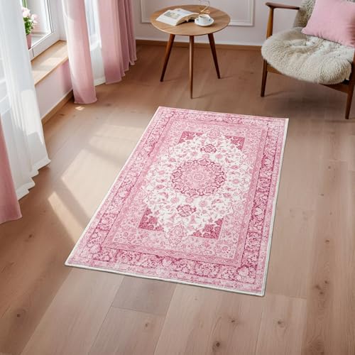 Macgace 2x3 Bright Pink Area Rug for Entryway, Small Washable Rugs with Non-Slip Backing for Girls Bedroom, Cute Vintage Throw Carpet Kitchen Laundry Front Door Decor - color: Pink & White, size: 2' x 3' (Rectangular)