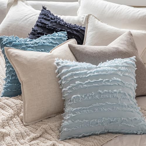 MIULEE Set of 2 Decorative Boho Throw Pillow Covers Linen Striped Jacquard Pattern Cushion Covers for Sofa Couch Living Room Bedroom 16x16 Inch Navy Blue - color: Navy Blue, size: 16" x 16" (Pack of 2)