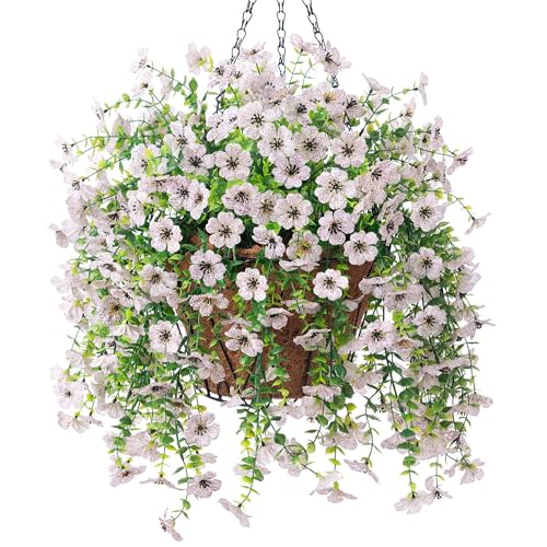 Artificial Fake Hanging Flowers Plants with Basket Spring Outdoor Decor,Faux Silk Flowers with Eucalyptus in Planter No Fade Flower in Basket for Farmhouse Home Garden Porch Patio Balcony(White) - color: White