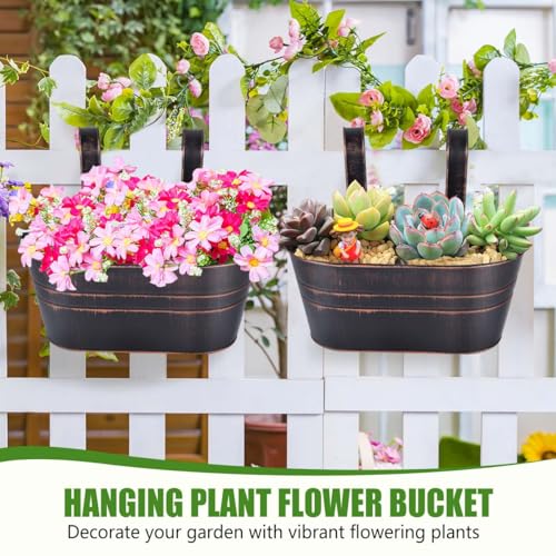 OBTANIM 4 Pack Metal Hanging Flower Pots Iron Railing Planter Outdoor Fence Hanging Pots Bucket Plant Holder with Detachable Hooks Drain Holes for Home Garden Yard Decor (Black) - color: Black