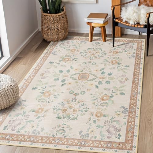 MUJOO 3x5 Rug Washable,Floral Area Rugs for Bedroom Bedside Entryway Living Room Kitchen,Floral Boho Small Indoor Floor Rug Non Slip Throw Carpet Low Pile Vintage Beige - color: Beige, size: 3' x 5' (Rectangular)