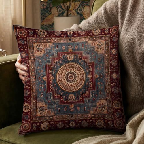 YOU FOUND ME Boho Throw Pillow Covers 18x18 Inch, Vintage Bohemian Carpet Print Pillowcase, Soft Decorative Cushion Cover for Couch Sofa Bedroom Living Room Decor (Brown) - color: Brown