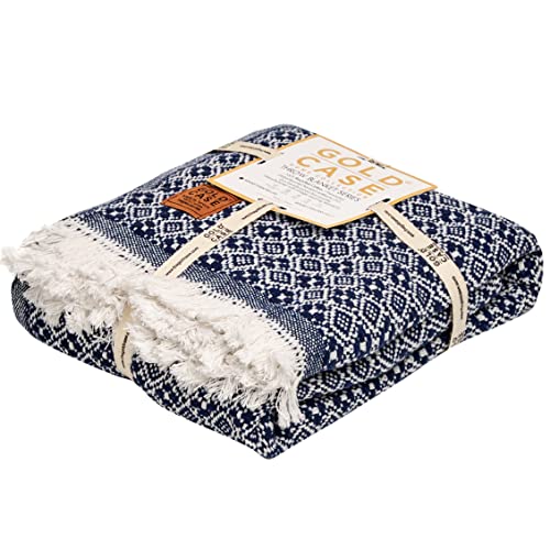 Gold Case Throw Blanket for Couch - 100% Recycled Turkish Cotton Blankets & Throws - Retro Soft Throw Blankets for Living Room - Boho Decorative Woven Couch Blanket - 60x80 - Navy Blue - color: Retro Navy Blue, size: 60x80"