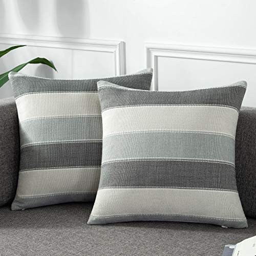 AmHoo Pack of 2 Farmhouse Stripe Check Throw Pillow Covers Set Case Cotton Linen Decorative Pillowcases Cushion Cover for Couch Bench Sofa 16x16Inch Dark Grey Beige - color: Dark Gray Beige, size: 16" x 16" (Pack of 2)