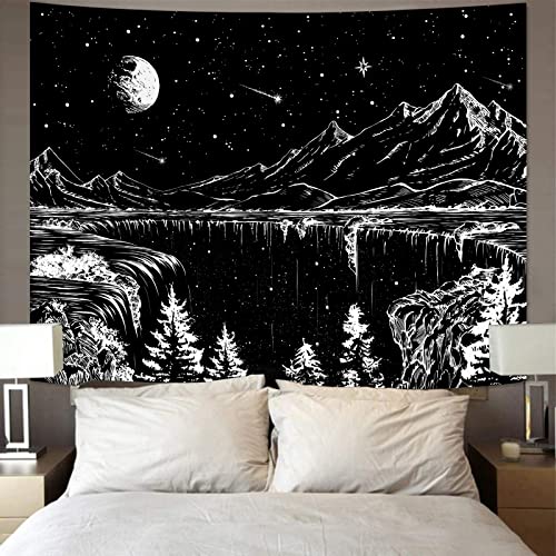 Zussun Black and White Tapestry Starry Night Mountain Tapestries for Bedroom Aesthetic Moon and Stars Tapastry's Wall Hanging Dark Nature Forest Wall Tapestry for Living Room Dorm (80'' × 60'') - color: Black, size: 80"L x 60"W