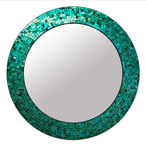 24" Round Rainbow Mosaic Wall Mirror, Multicolor Glass Tile Frame, Bohemian Decorative Accent Mirror for Living Room, Bathroom, Bedroom, Entryway, Wall Mount (Turquoise) - color: Turquoise