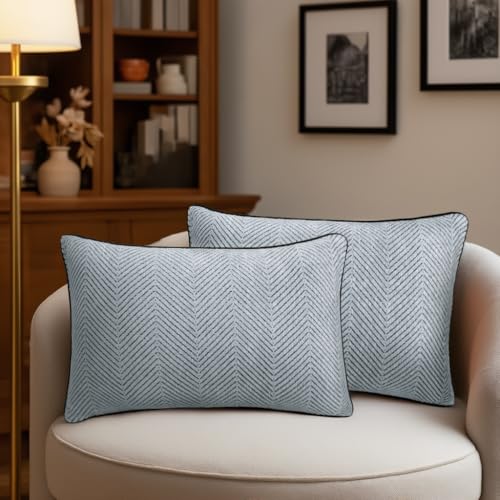 Mantle & Mason Boho Lumbar Throw Pillow Cover 12x20 Set of 2 Decorative Couch Pillow Case Sofa Bed Chair Living Room Modern Farmhouse Scandi Chenille Chevron Pattern Home Decor Cushion Cover Gray - color: Chevron Grey, size: 20" x 12" (Pack of 2)