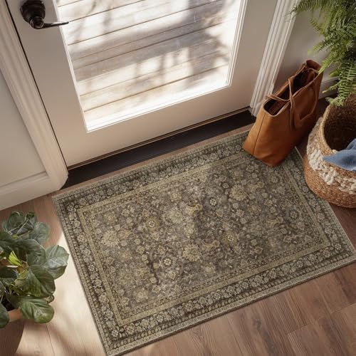 Washable 2x3 Entryway Rug, Boho Non-Slip Door Mat Vintage Distress Small Rugs for Kitchen Nursery Office Bedroom, 0.3" Neutral Oriental Throw Carpet with Cushioning Pad, Red/Brown/Multi, C4 - color: Deep Brown/Multi, size: 2' x 3' (Rectangular)