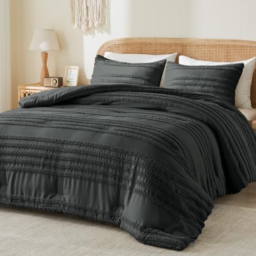 BEDELITE Boho Comforter Set Queen Size, Dark Grey Tufted Striped Bed Set 3 Pieces, Soft Vintage Farmhouse Comforter for All Seasons, Boho Home Decor,Fluffy Jacquard Bedding with 2 Pillow Shams - color: Dark Grey, size: Queen