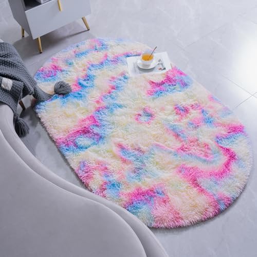 Goideal Fluffy Bedroom Rug, Small Oval Area Rugs, Rainbow Shag Bedside Carpet for Kids Room Nursery Dorm Cute Fuzzy Indoor Decor for Boy and Girl, 2.6 x 5.3 Feet - color: Rainbow