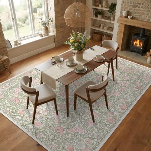 GarveeHome Pink and Green Vintage Floral Washable Rugs 8x10 for Living Room Boho Retro Botanical Rug Low Pile Stain Resistance Non Slip Carpet for Bedroom Nursery Dining Room - color: A Beige / Pink, size: 8' x 10' (Rectangular)
