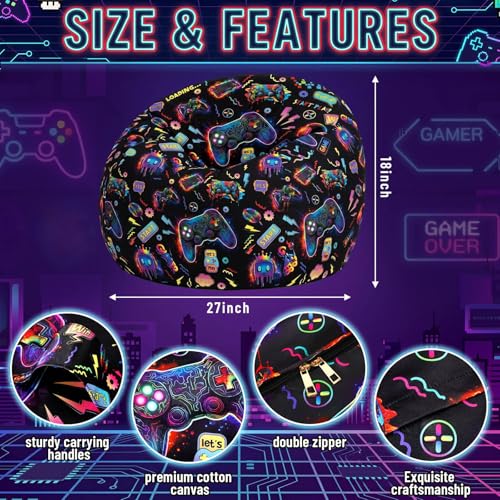 Boao 27'' Large Game Player Kids Bean Bag Chairs Cover (No Filling) Washable Stuffed Animal Storage Beanbag Chair for Kids Canvas Bean Bag Cover with Zipper for Boys Organizing Plush Toys Textile Sack - color: Neon Game, size: 27 Inches
