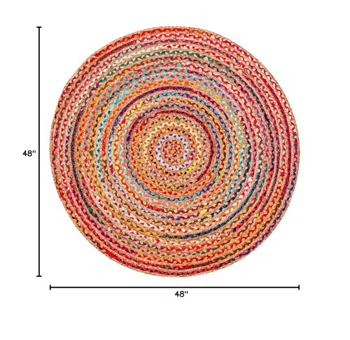 Hausattire Bohemian Braided Rug 4' Round - Multi Color, Circle Farmhouse Jute Cotton Area Rag Rug for Kitchen, Kids Bedroom, Playroom | Colorful Hand Woven Reversible Pet Friendly Carpet - color: Multi Color, size: 4' (Round)