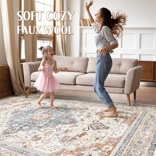 8x10 Area Rugs Living Room: Washable Boho Large Neutral Vintage Soft Rug Stain Resistant Distressed Farmhouse Non-Slip Indoor Floor Carpet for Bedroom Nursery Kids Office Dining Room- Beige Blue - color: Beige Blue, size: 8' x 10' (Rectangular)