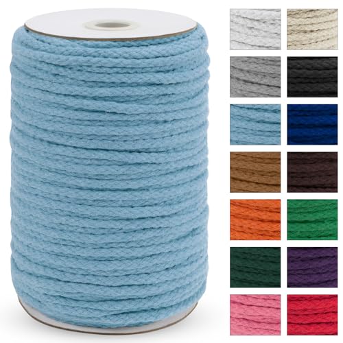 JeogYong Braided Macrame Cord 5mm x 295ft, Natural 8-Strand Braided Cotton Rope, Colored Drawstring Cord Craft Rope for Plant Hangers, Wall Hanging, Dream Catcher, Garden, DIY Projects - color: Light Blue