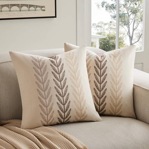 100% Cotton Farmhouse Leaves Throw Pillow Covers Set of 2, 18x18 Inch Mixed Beige Pastoral Decorative Print Cushion Covers for Sofa Bed Living Room Home Decor - color: Mixed Beige, size: 18" x 18" (Pack of 2)