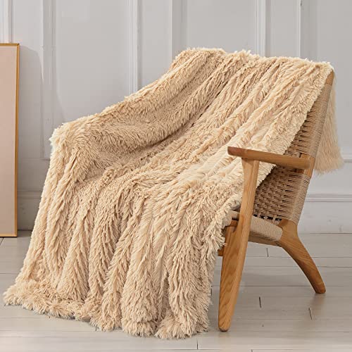 Tuddrom Decorative Extra Soft Faux Fur Throw Blanket 50"x60",Solid Reversible Fuzzy Lightweight Long Hair Shaggy Blanket,Fluffy Cozy Plush Fleece Comfy Microfiber Blanket for Couch Sofa Bed,Apricot - color: Apricot, size: Throw-50" x 60"