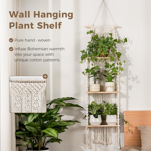 Bamworld Plant Wall Shelf Boho Plant Stand Window Plant Shelf 3 Tier Macrame Plant Hangers Boho Room Decor Hanging Shelf for Bedroom, Living Room, Balcony - size: 3Tier