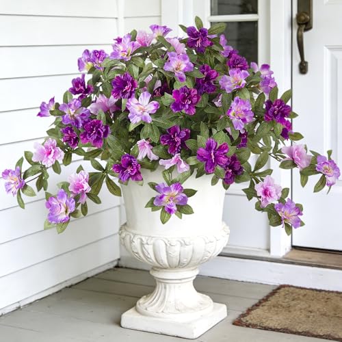 Ammyoo Artificial Fake Azalea Flowers for Outdoor Spring Decoration, Faux Silk Flower for Summer UV Resistant Look Real Plants for Garden Yard Porch Walkway Indoor Decor, 2PCS - color: Deep-purple Light-purple Lotus