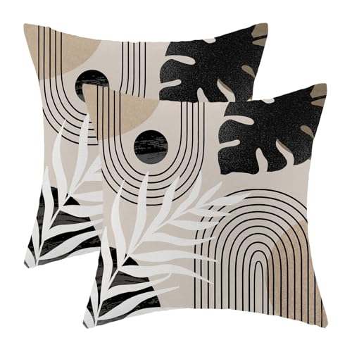 Boho Pillow Covers 16x16 Set of 2 Mid Century Black Beige Tropical Leaf Throw Pillow Covers Outdoor Decor Modern Abstract Line Decorative Pillowcase Farmhouse Linen Cushion Case For Couch Sofa - color: Black-mid-century 1, size: 16" x 16" (Pack of 2)
