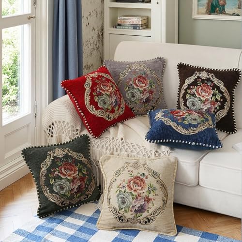 Set of 2 Vintage Floral Throw Pillow Covers 18x18 Inch, Brown Chenille Embroidered Cushion Cases, Decorative Euro Shams for Couch Sofa Bed Farmhouse Home Decor - color: Brown