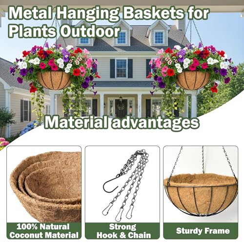 4 Pack 8 Inch Hanging Baskets for Plants Outdoor Metal Hanging Planter Basket with Coco Coir Liner Hanging Flower Baskets Hangings Flower Pots Holder for Garden, Patio(Watermelon) - size: 8 Inch, style: Garden