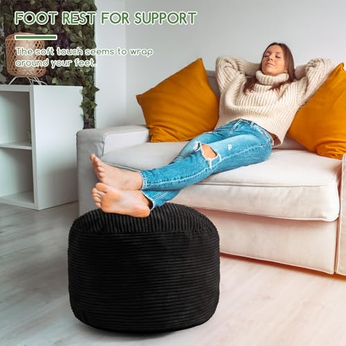 HIGOGOGO Round Stuffed Pouf Ottoman, Corduroy Poufs with Foam Chunk Filling, Furry and Fluffy Pouf Foot Stool Storage Ottoman, 26 X 18 Floor Poufs Foot Rest for Living Room, Black - color: Black, size: 26"D x 26"W x 18"H
