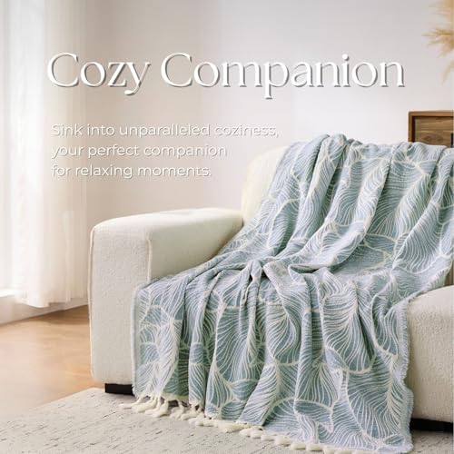 DOWN HOME Chenille Cotton Throw Blanket for Couch, Lightweight Boho Blanket for Bed Sofa Chair Living Room Outdoor Soft Woven Decorative Blanket with Tassel Gift Blue Leaves 55"x60" - color: Blue, size: 55"x60"